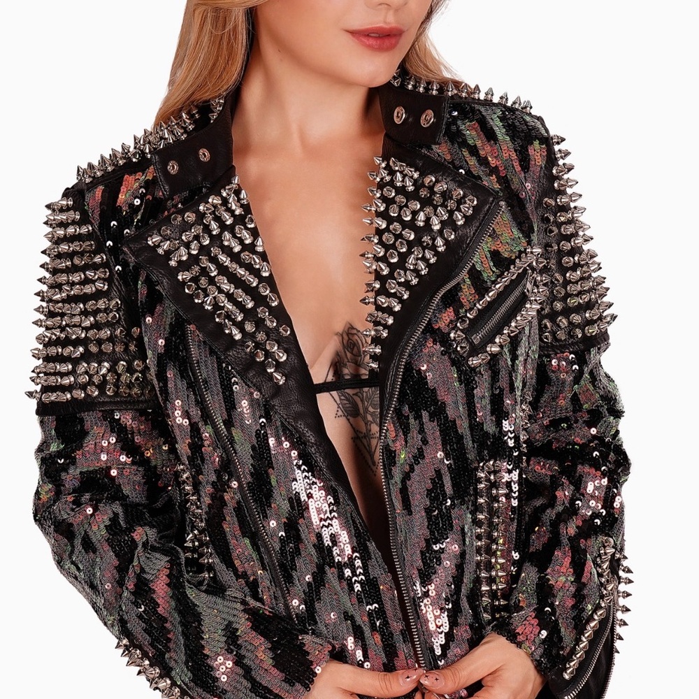 Key West Boutique Iridescent Animal Print Edgy Spiked Faux Leather Jacket